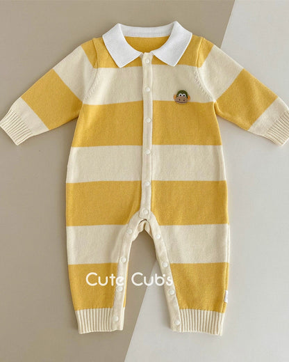 Knitted Striped Polo Collar Baby Jumpsuits Hat