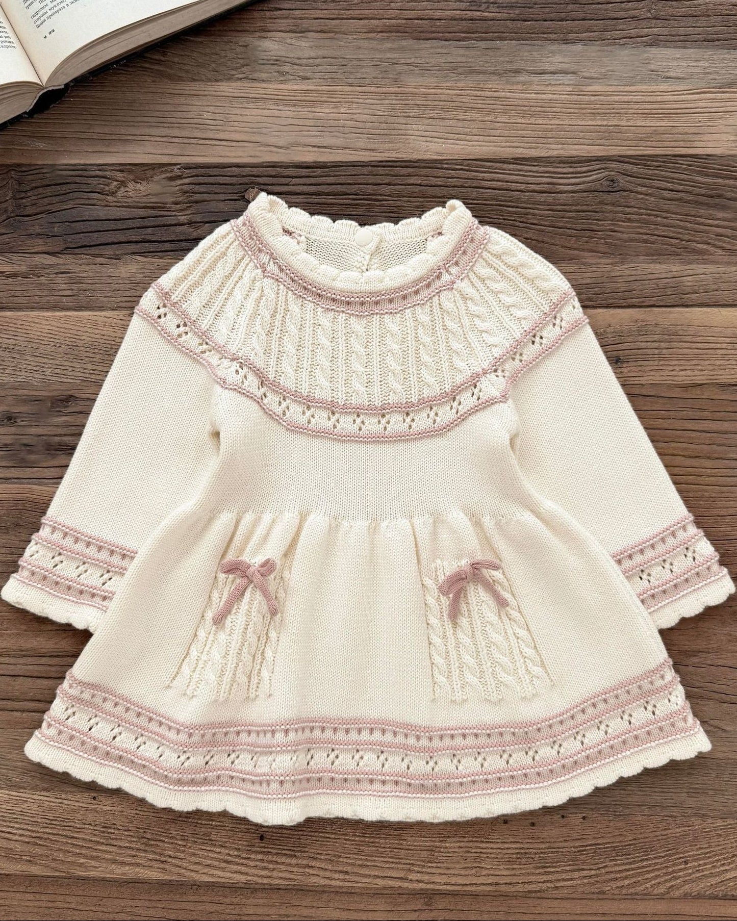 Sweet Hollowed-out Bow Decor Knitted Baby Dress