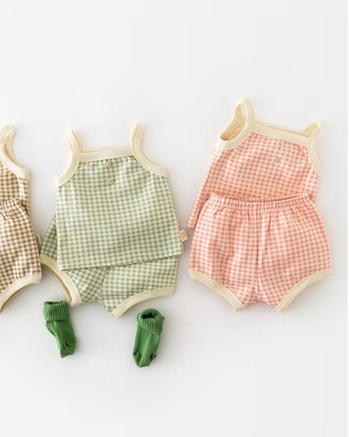 2pcs Sweet Plaid Cotton Baby Tank Top&Pants Set