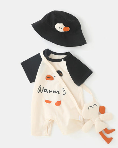 Duck Pattern Short Sleeve Baby Jumpsuits Hat Bag