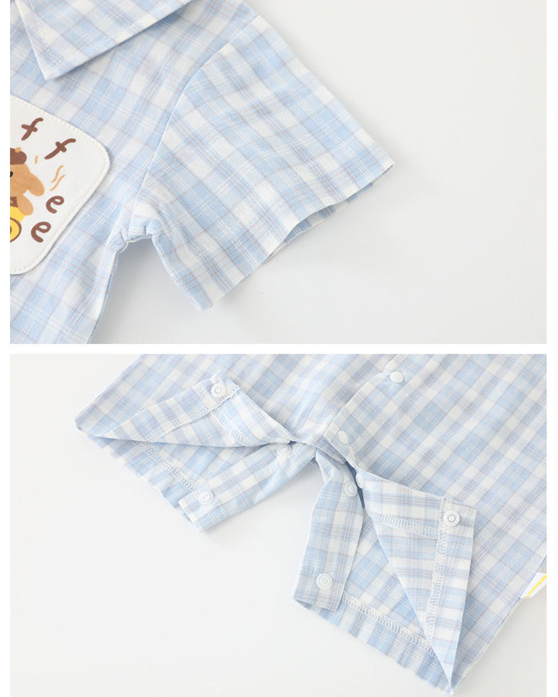 Plaid Coffee Bear Buttoned Short Sleeve Baby Jumpsuits