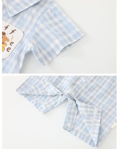 Plaid Coffee Bear Buttoned Short Sleeve Baby Jumpsuits