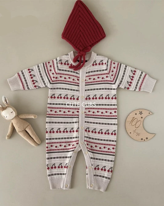 Cherry Pattern Knitted Baby Jumpsuits