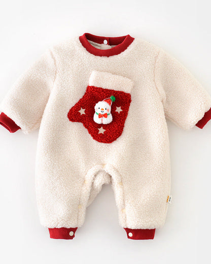 Christmas Fleece Snowman Pocket Baby Jumpsuits