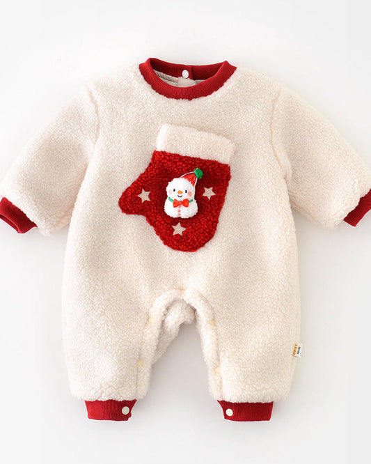 Christmas Fleece Snowman Pocket Baby Jumpsuits