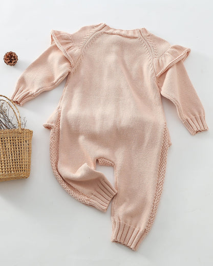 Ruffled Buttoned Knitted Long Sleeve Baby Jumpsuits