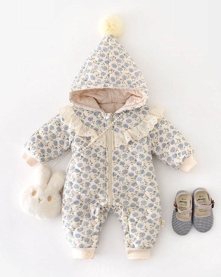 花柄レースのジップ付きベビーフード付きジャンプスーツ