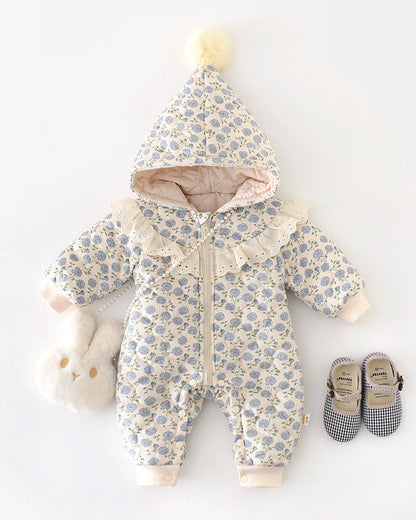 花柄レースのジップ付きベビーフード付きジャンプスーツ