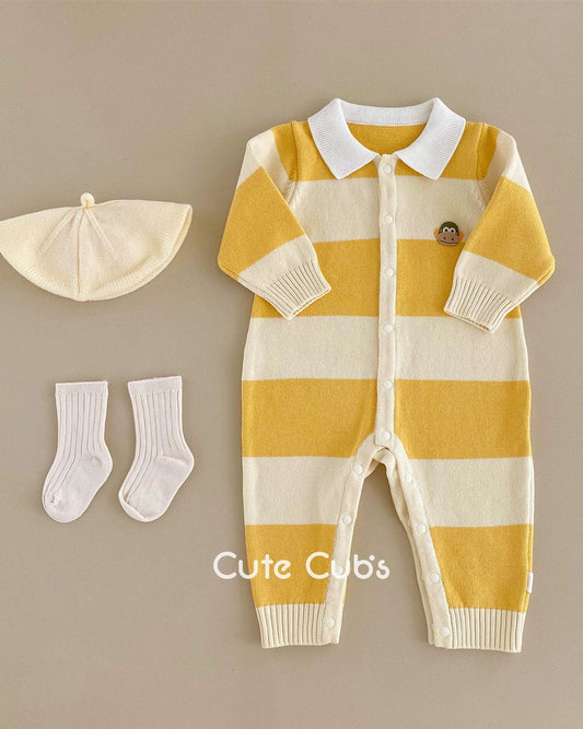 Knitted Striped Polo Collar Baby Jumpsuits Hat