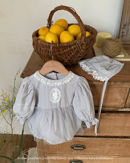 Lace Mesh Decor Long Sleeve Baby Girl Romper&Hat