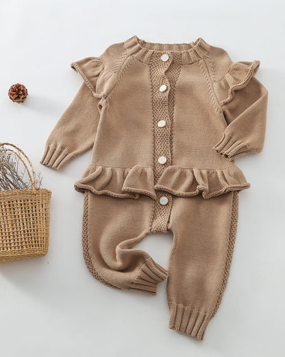 Ruffled Buttoned Knitted Long Sleeve Baby Jumpsuits