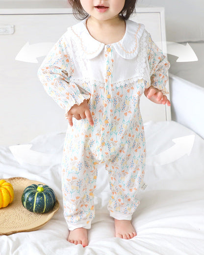 Cotton Sweet Floral Collar Long Sleeve Baby Jumpsuits