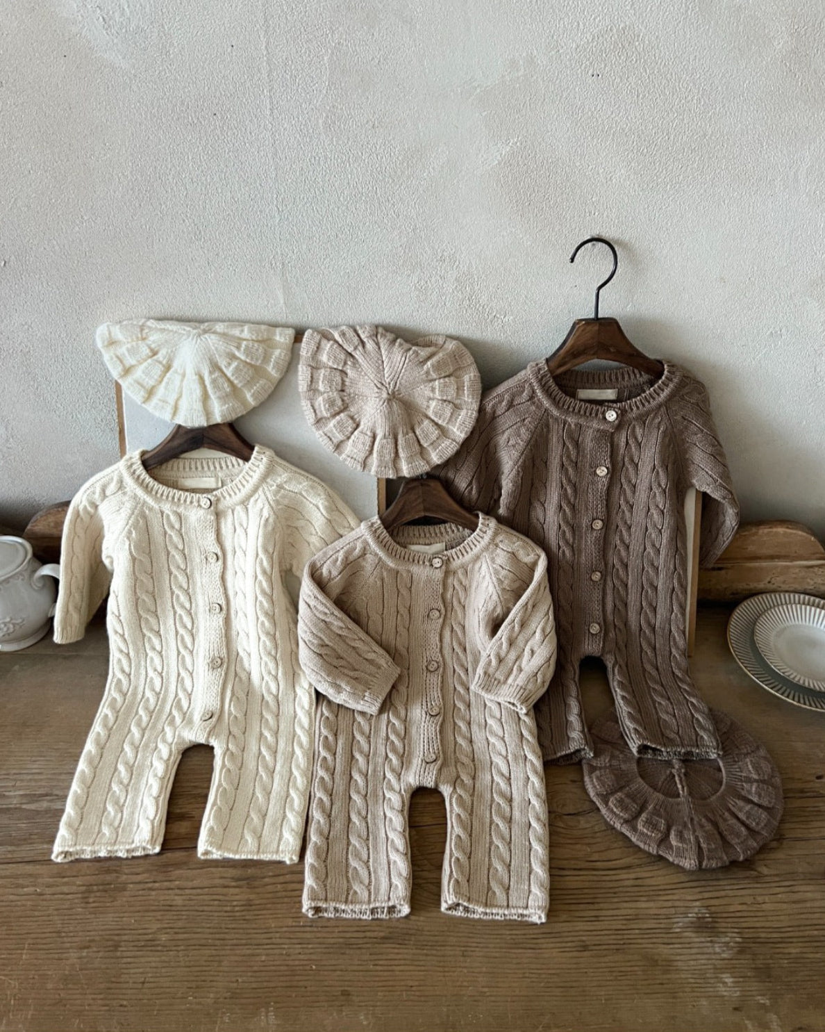 Casual Solid Color Cable-Knit Baby Jumpsuits Hat