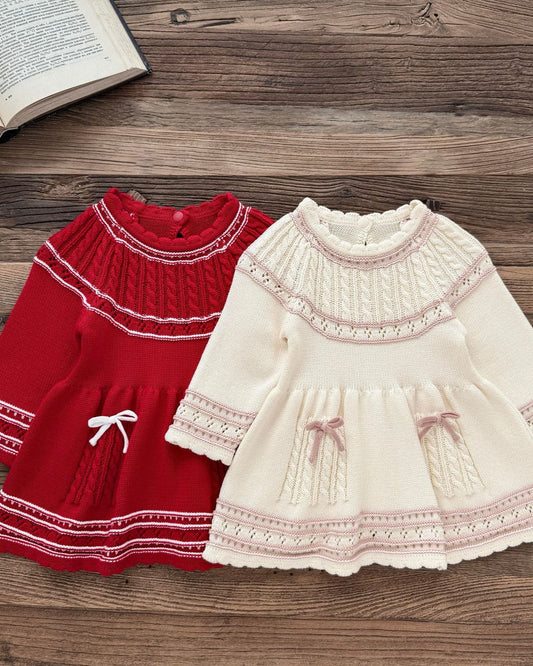 Sweet Hollowed-out Bow Decor Knitted Baby Dress