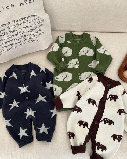Elephant Dog Star Knitted Baby Jumpsuits
