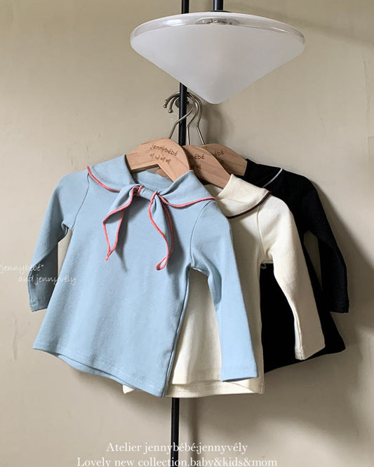 Knotted Bow Collar Cotton Long Sleeve Baby Top
