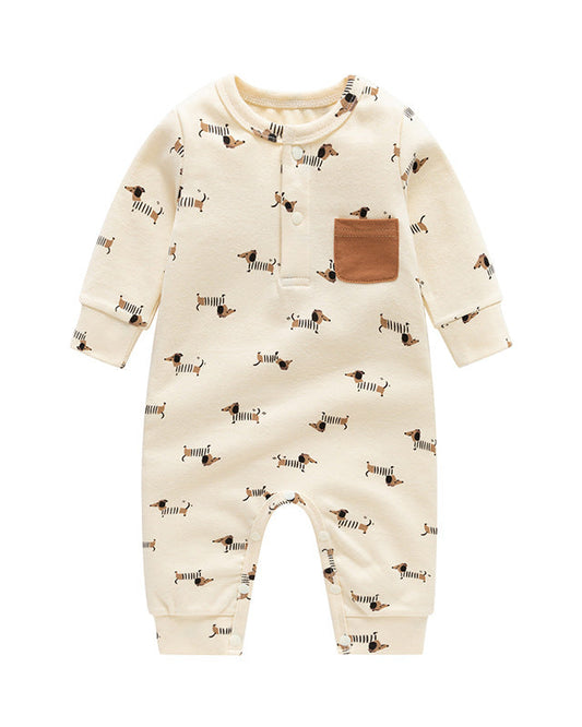 Dachshund Pocket Design Long Sleeve Baby Jumpsuits