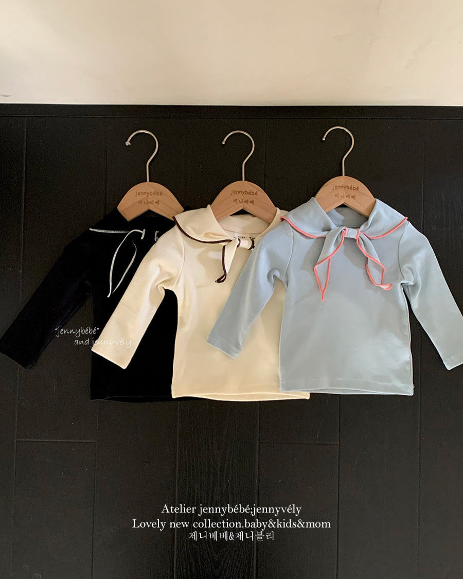 Knotted Bow Collar Cotton Long Sleeve Baby Top