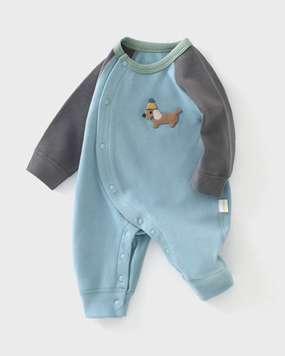 Casual Puppy Color Block Long Sleeve Baby Jumpsuits