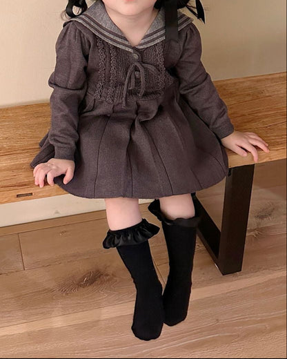 Lapel Pleated Knitted Baby Girl Dress
