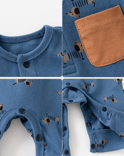 Dachshund Pocket Design Long Sleeve Baby Jumpsuits