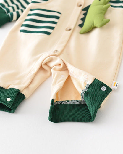 Dinosaur Pattern Striped Pocket Baby Jumpsuits