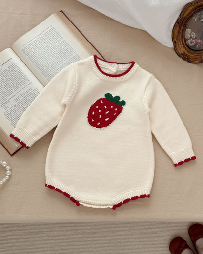 Strawberry Pattern Knitted Long Sleeve Baby Romper