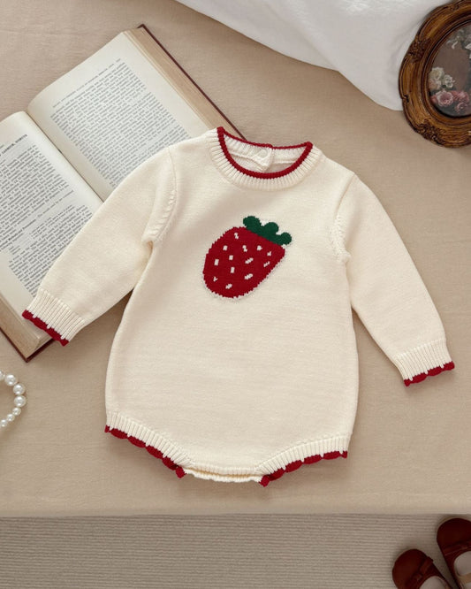Strawberry Pattern Knitted Long Sleeve Baby Romper