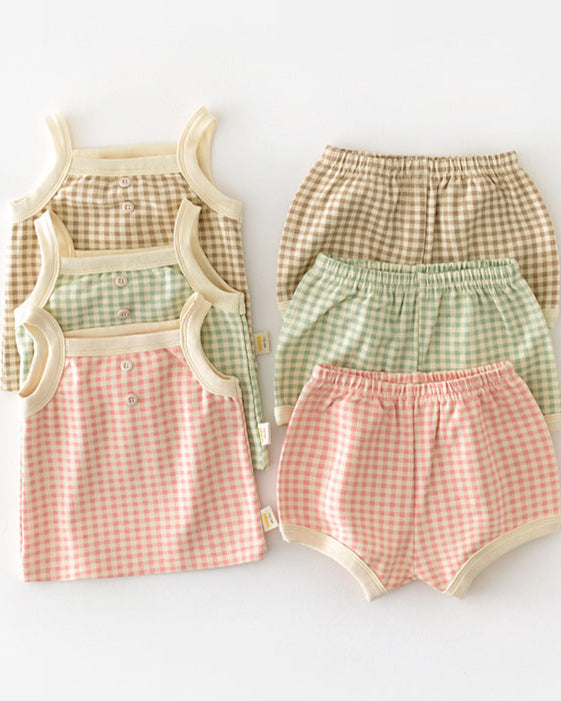 2pcs Sweet Plaid Cotton Baby Tank Top&Pants Set