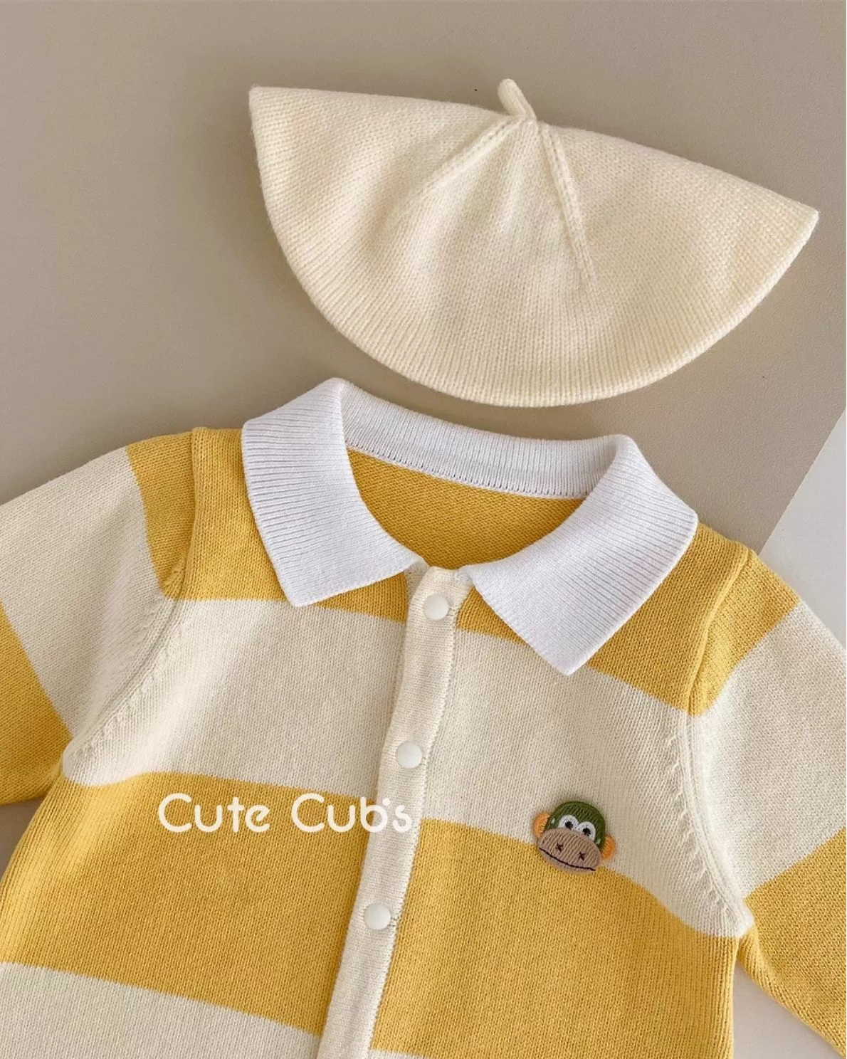 Knitted Striped Polo Collar Baby Jumpsuits Hat
