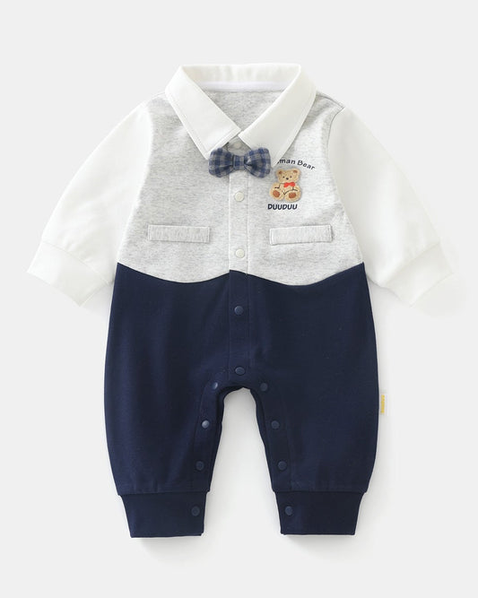 Bow Tie Bear Color Block Baby Jumpsuits