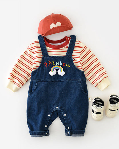 Rainbow Pattern Baby Denim Jumpsuits/Hoodie