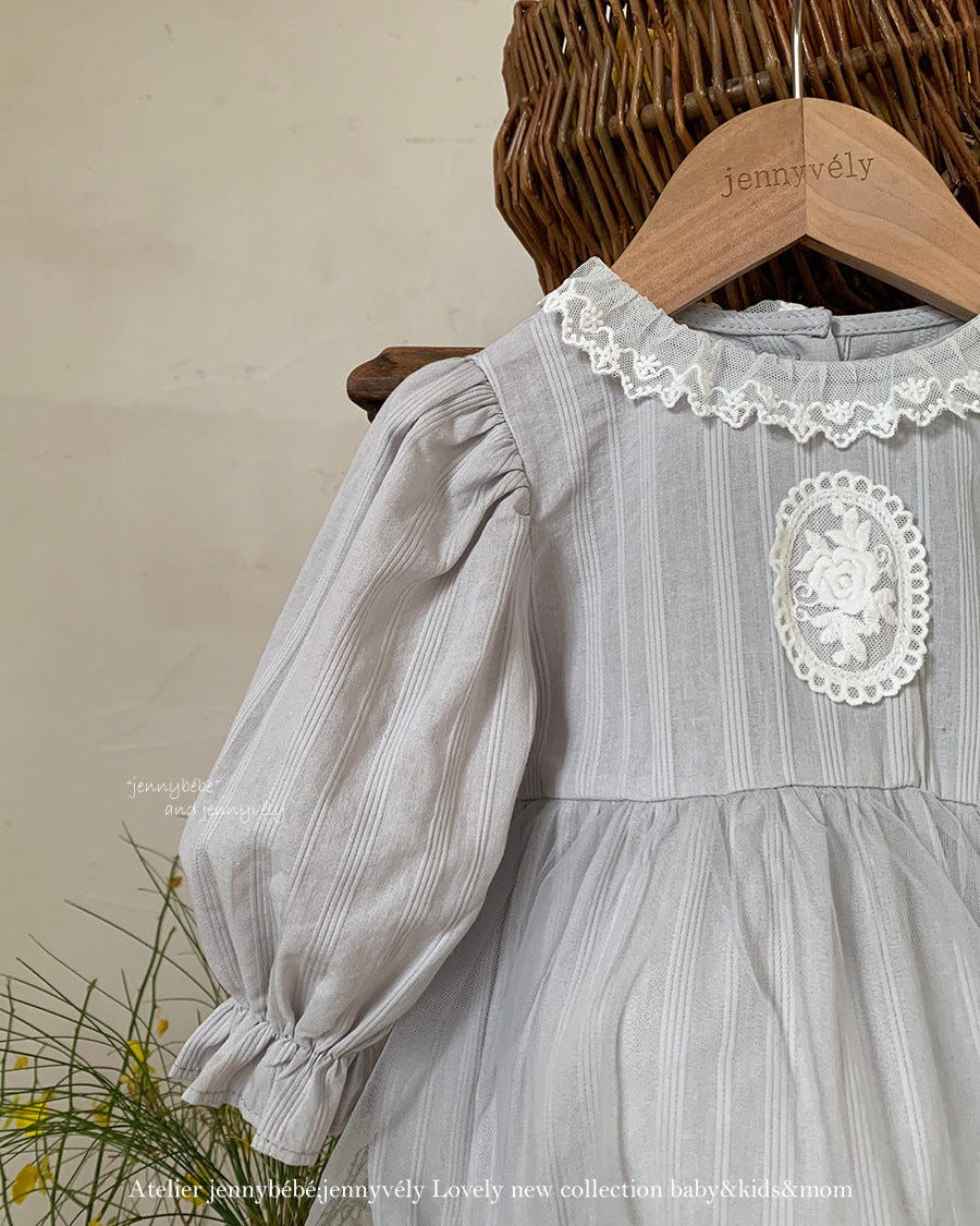 Lace Mesh Decor Long Sleeve Baby Girl Romper&Hat