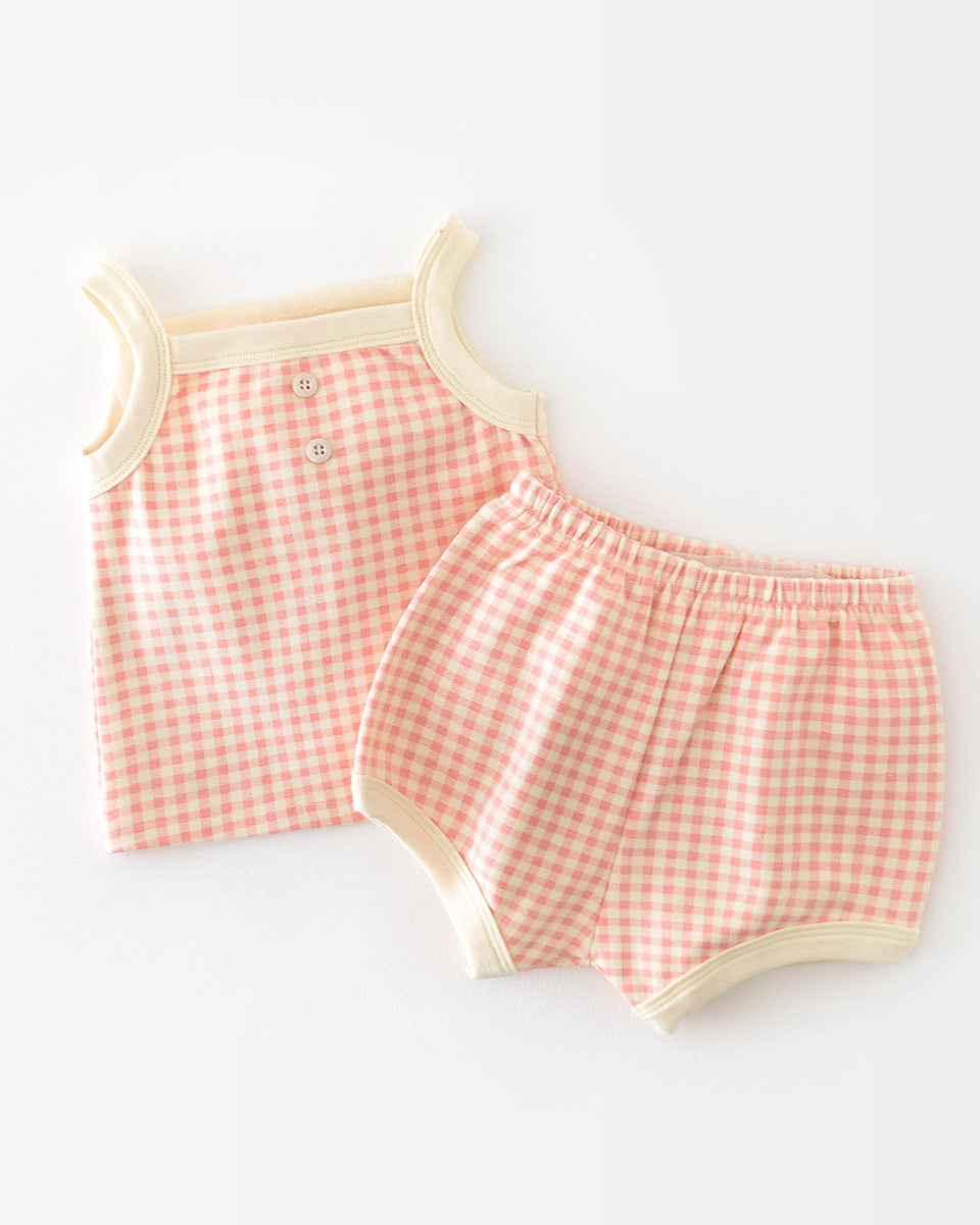 2pcs Sweet Plaid Cotton Baby Tank Top&Pants Set