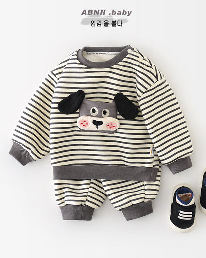 犬柄ストライプベビーパーカーパンツ2点セット