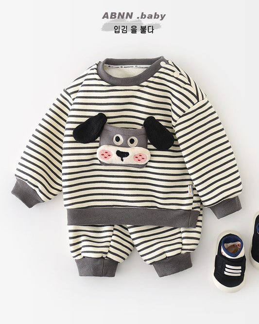 犬柄ストライプベビーパーカーパンツ2点セット