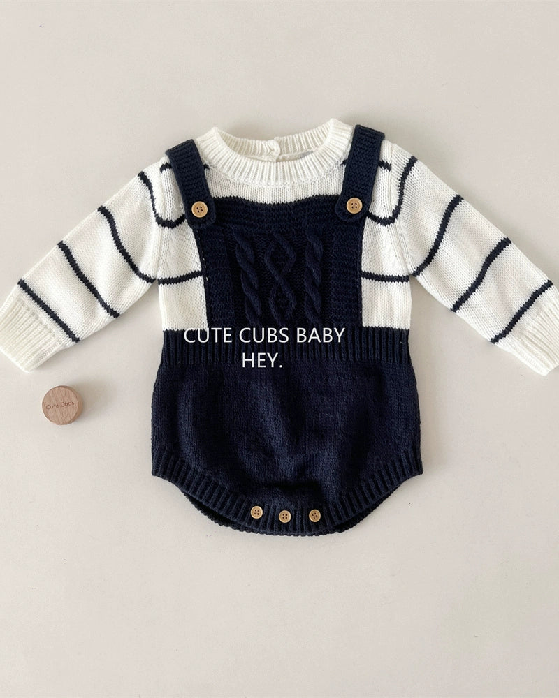 Fake Two Pieces Striped Knitted Baby Romper