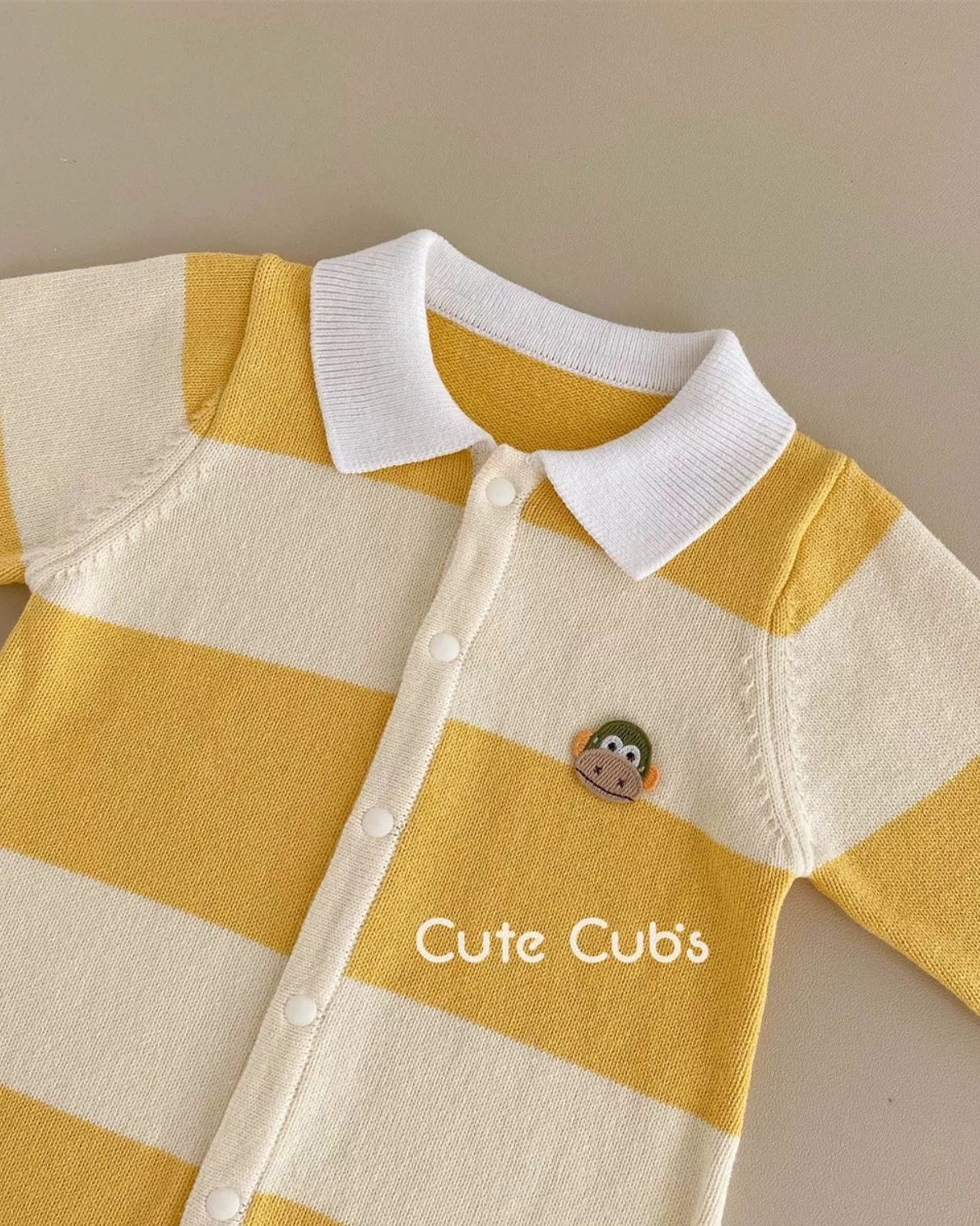 Knitted Striped Polo Collar Baby Jumpsuits Hat