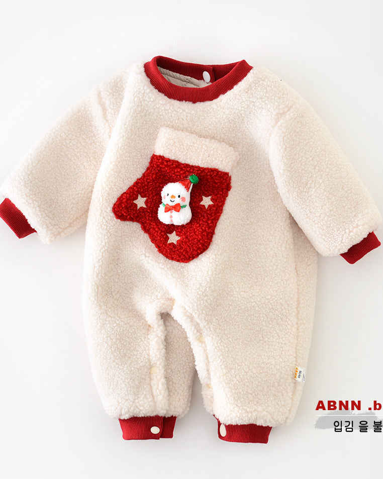 Christmas Fleece Snowman Pocket Baby Jumpsuits