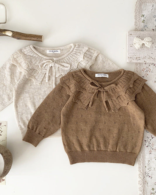 Sweet Lace-up Ruffled Collar Knitted Baby Sweater