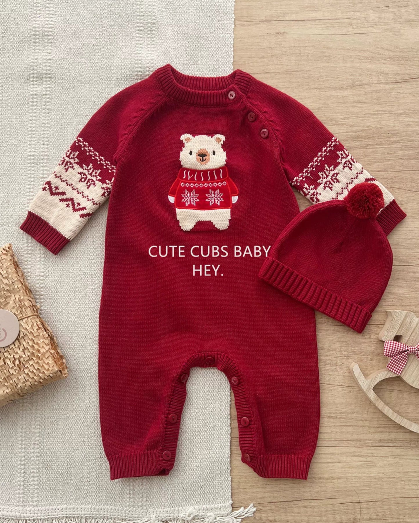 Bear Pattern Knitted Baby Jumpsuits Hat 2pcs Set