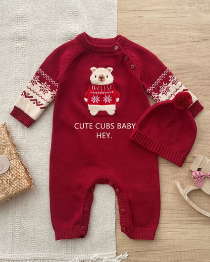 Bear Pattern Knitted Baby Jumpsuits Hat 2pcs Set