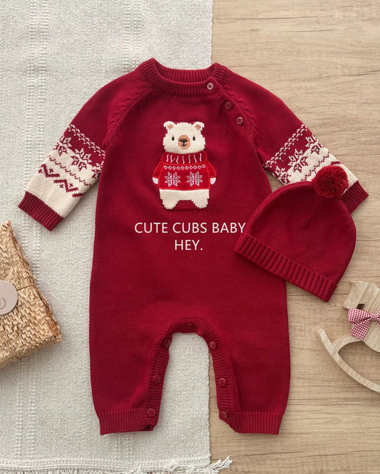 Bear Pattern Knitted Baby Jumpsuits Hat 2pcs Set