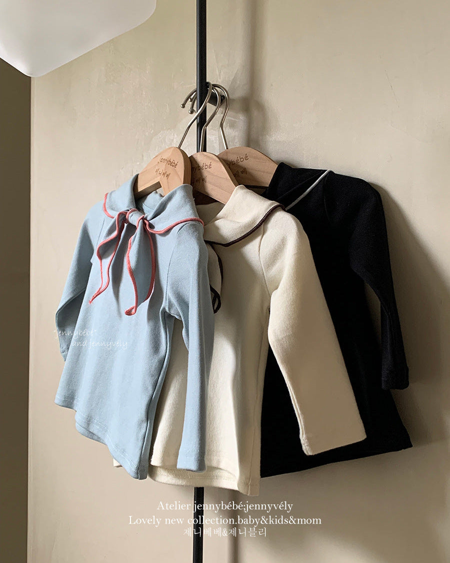 Knotted Bow Collar Cotton Long Sleeve Baby Top