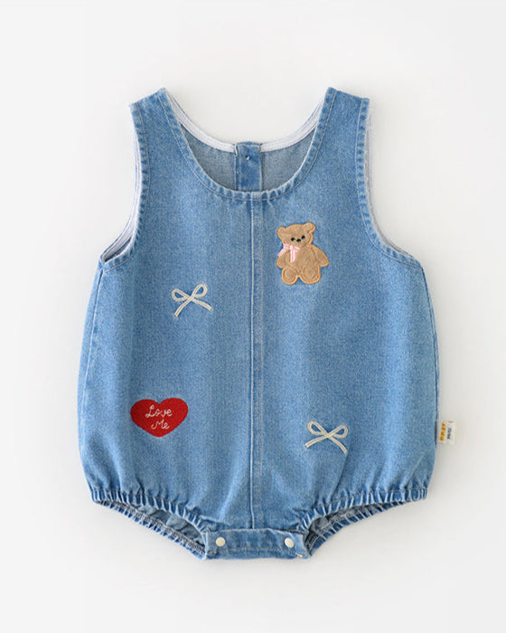 2pcs Cartoon Printed Denim Baby Shirt Romper Set