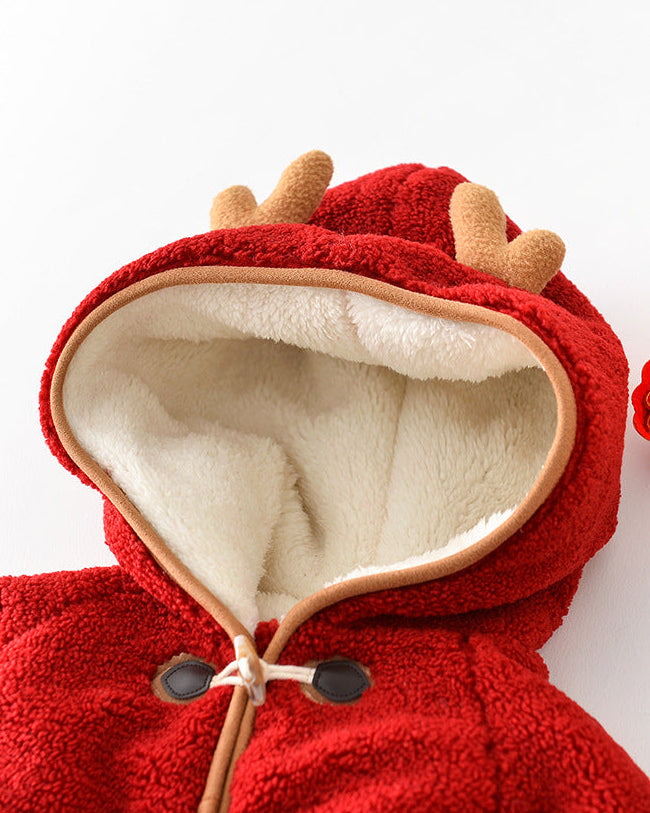 Christmas Fleece Hooded Baby Jumpsuits with Scarf