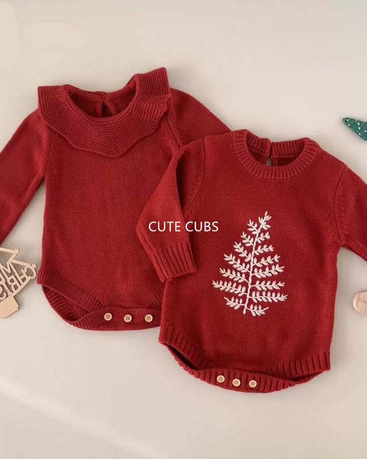 Knitted Tree Pattern Red Baby Romper