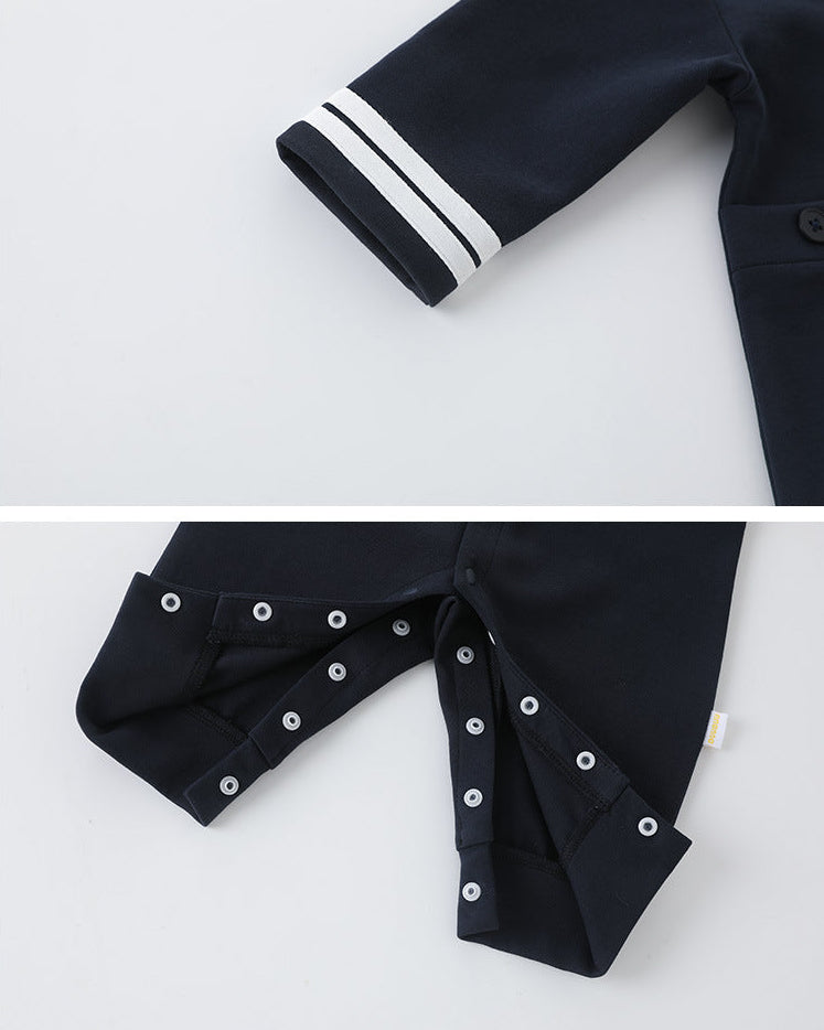 Navy Collar Buttoned Long Sleeve Baby Jumpsuits