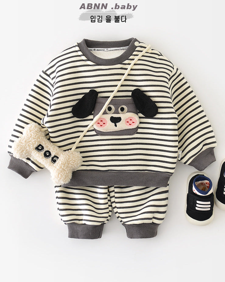 犬柄ストライプベビーパーカーパンツ2点セット