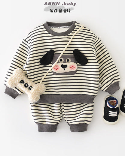 犬柄ストライプベビーパーカーパンツ2点セット
